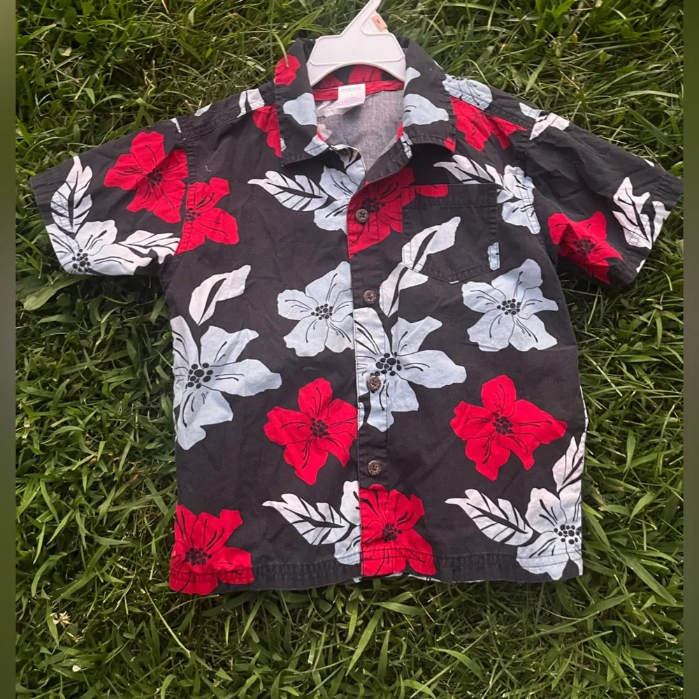 Gymboree Hawaiian Floral Navy Blue, Red Button-Up Short-Sleeve Shirt Boys Sz 5